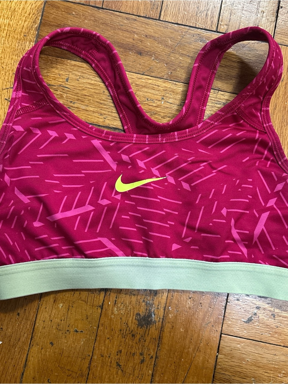 Nike Pink Patterned Racerback Sports Bra with Lime Logo and Mint Band